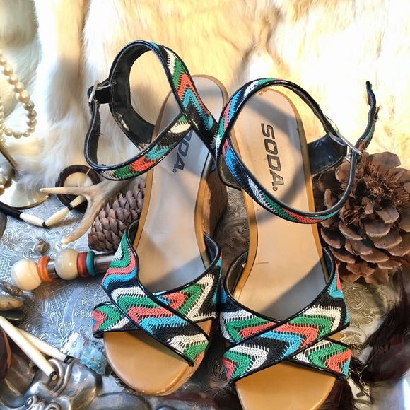 💍 Vintage Retro Soda Chevron Cork Wedge Heel - Picture 4 of 8